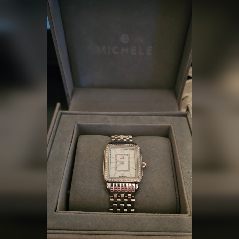 Michele Deco Watch- Silver With Pearl Face Surrounded By Diamonds